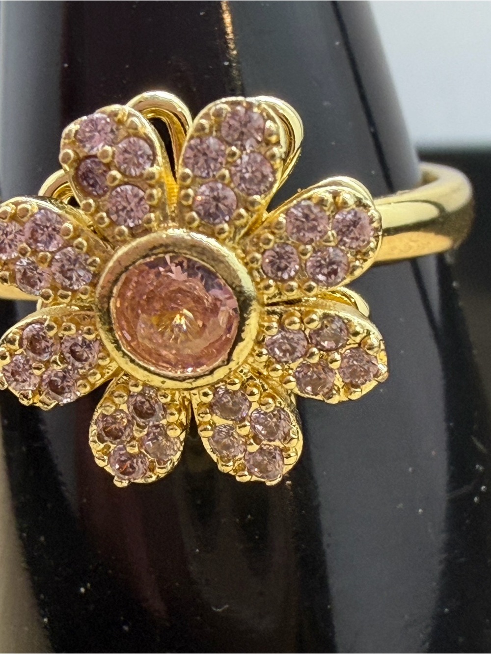 Gold Floral Ring with Pink Crystal Petals